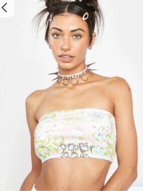New Girl Order x Sanrio Pastel Floral Hello Kitty Bandeau Tube Top - White/Green